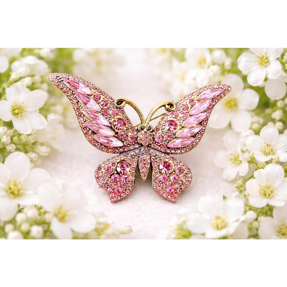 Pink Rhinestone Butterfly Brooch Gold Tone Floral Statement Pin FREE SHIPPING